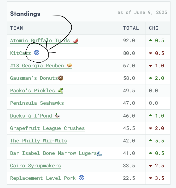 Standings for league 1199 with the OPL (a stylized blue baseball field in a circle) logo circled.